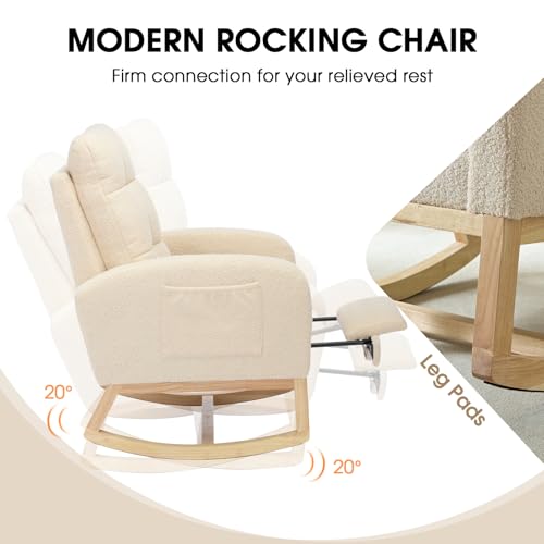 Modern Teddy Upholstered Nursery Rocking Chair with Footrest & Pocket - Beige
