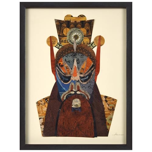 Beijing Opera Mask Wall Art - Handmade 3D Collage by Alex Zeng, Framed Decor, 25x19 inches
