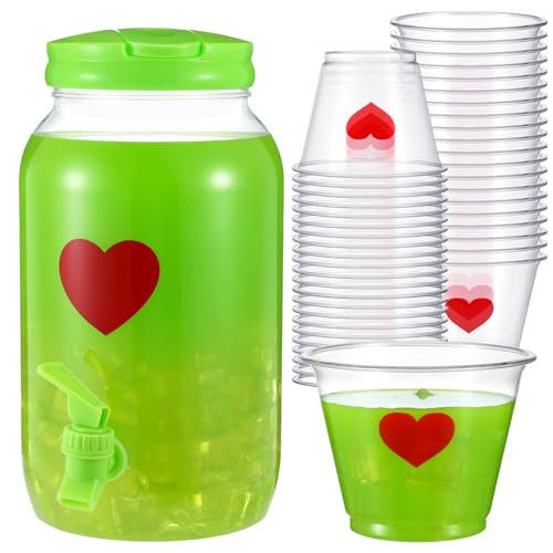 1 Gallon Christmas Punch Drink Dispenser Set with 25 Heart Print Cups