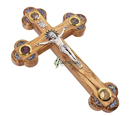 11 Inch Olive Wood Cross Wall Hanging from Bethlehem with Mother of Pearl & Jerusalem Stones - Christian Religious Decor Gift for Easter & Christmas