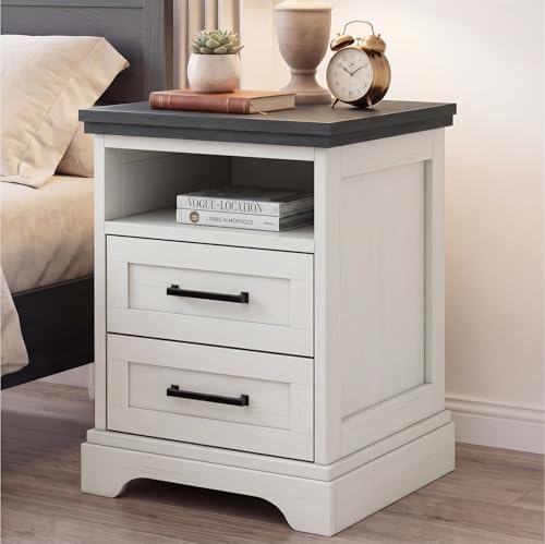 Farmhouse Nightstand with Charging Station, 2 Drawers and Open Shelf