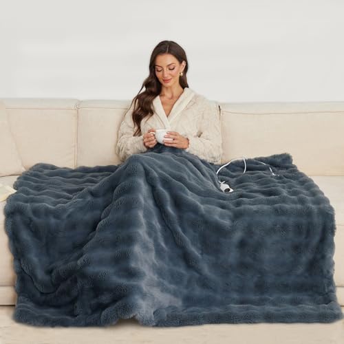 Washable Faux Rabbit Fur Heated Throw Blanket, 51"x63" with 10 Heat Settings