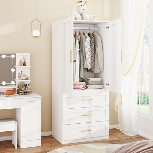Modern White Wardrobe Armoire with 3 Drawers and Hanging Rod, 75 Inch