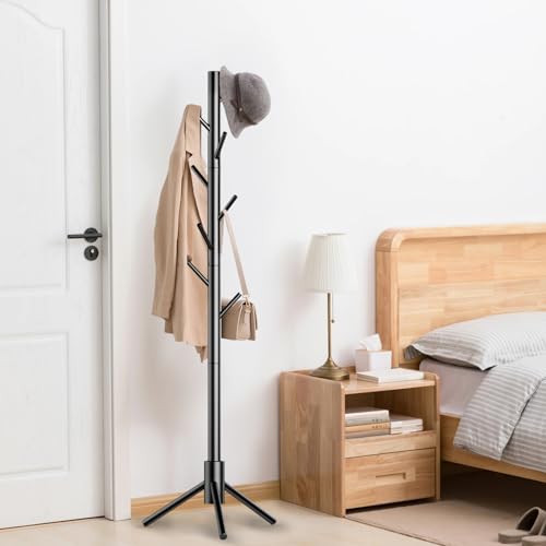 Wooden Coat Rack Stand with 8 Hooks - Adjustable Freestanding Coat Tree for Entryway, Bedroom, Office