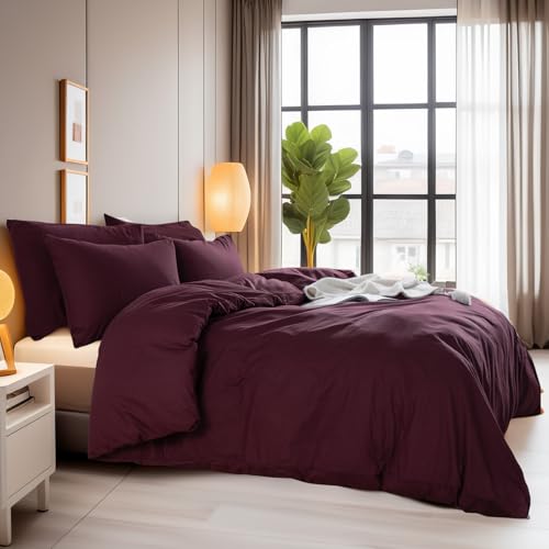 100% Washed Cotton Duvet Cover Set - Queen Size Burgundy 3-Piece Bedding