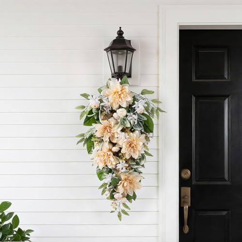 28-Inch Peach Dahlia Artificial Floral Teardrop Swag for Front Door