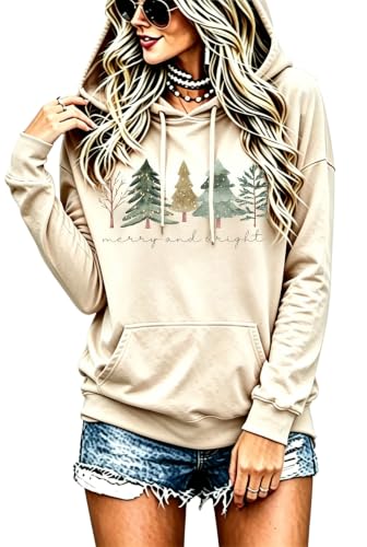 Jusgai Christmas Women’s Hoodie with Buffalo Plaid Tree Pattern, Kangaroo Pockets, Medium Apricot-2