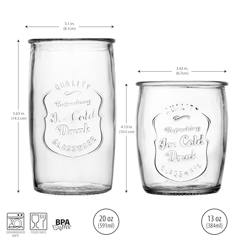 Glaver's 8-Piece Vintage Ice Cold Glass Set 20oz & 13oz Highball & Whiskey Glasses