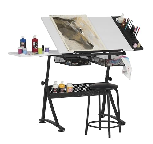 Adjustable Drafting Table and Stool Set with Tilt Top and Storage