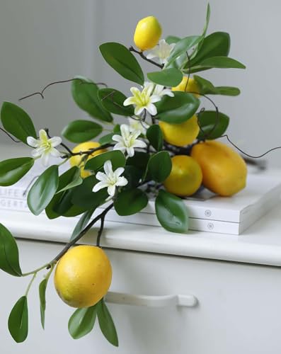 Handmade Artificial Lemon Branches with 8 Faux Lemons and Flowers