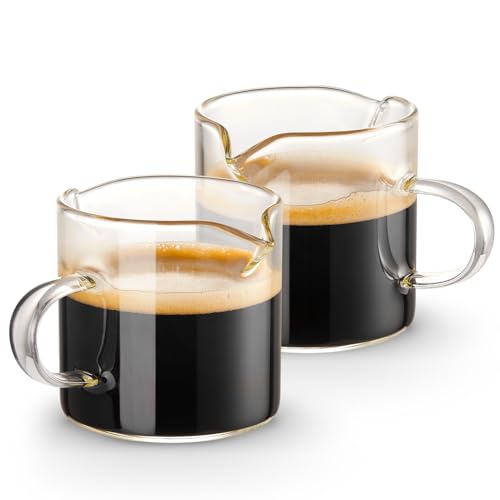 Double Spout Glass Espresso Cups Set of 2, 4 oz Shot Glasses with Handle