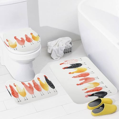 3-Piece Chicken Pattern Bathroom Rug Set - Non-Slip Coral Fleece Bath Mats