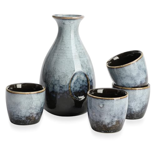 Leegg Black Grey Ceramic Sake Set with 1 Large Pot & 4 Cups - Elegant Tableware