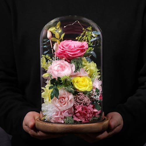 Preserved Pink Rose in Glass Dome with LED Lights for Romantic Gifts