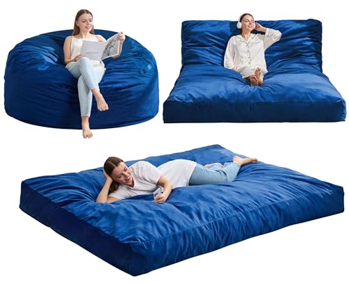 3-in-1 Queen Size Convertible Bean Bag Chair and Floor Bed - Blue Velvet