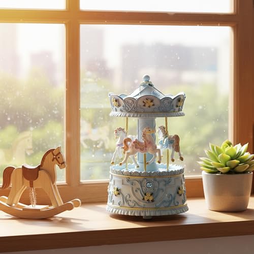 Rotating Carousel Music Box with Light, Vintage Wind-Up Merry-Go-Round