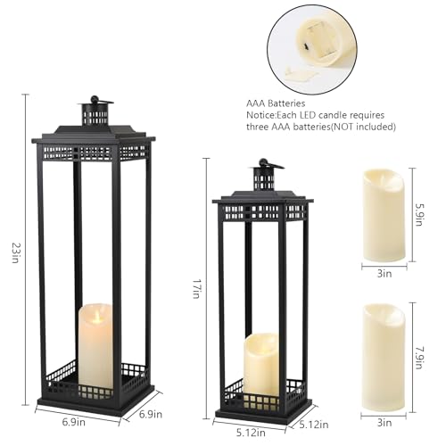 Large Lanterns Decorative Indoor 23in & 17in Black Floor Lanterns with Candles – 2 Pcs