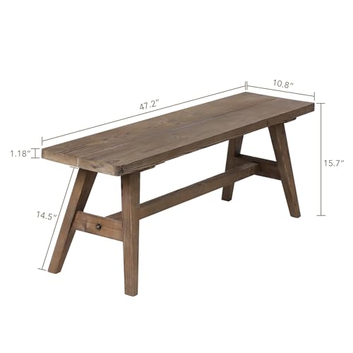 47-Inch Solid Wood Farmhouse Entryway Bench, Rustic Dining Room Seating
