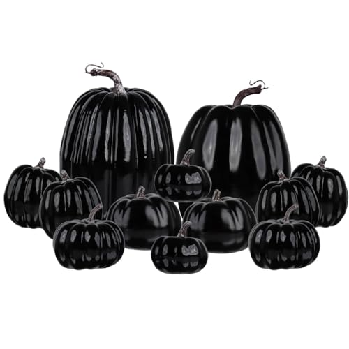 12 Pack Assorted Black Artificial Pumpkins for Fall Home Decor