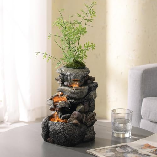 Tabletop Water Fountain with LED Light and Planter for Indoor Decor
