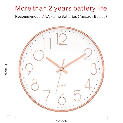12-Inch Modern Silent Wall Clock, Rose Gold Non-Ticking Quartz Clock