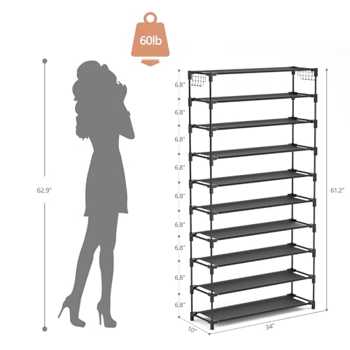 10-Tier Tall Shoe Rack - Large Capacity 40-Pair Shoe Organizer with Hooks