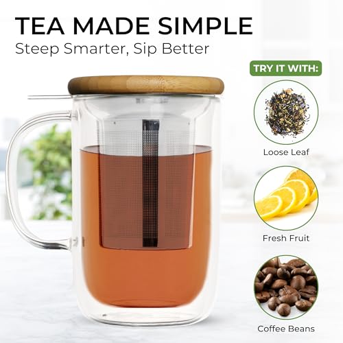 Tealyra Venus 16oz Double Wall Glass Tea Mug with Infuser & Lid