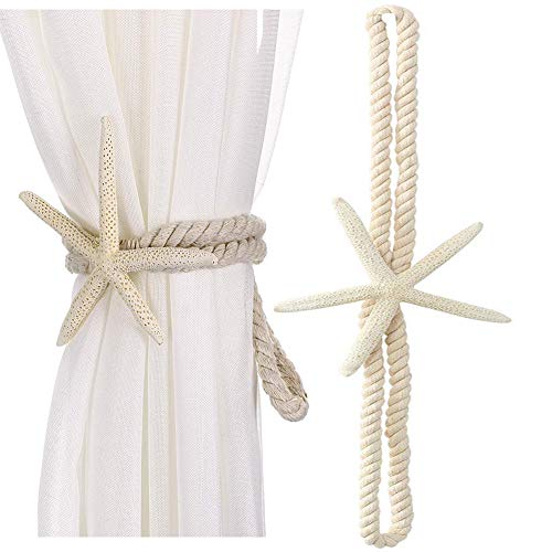 2 Pcs Natural Starfish Curtain Tiebacks, Handmade Woven Cotton Rope Holders