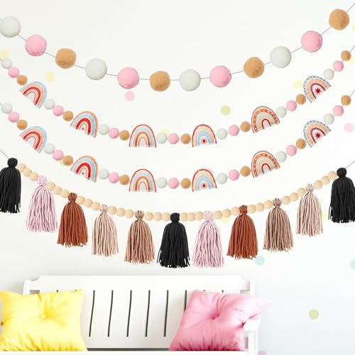 4-Piece Boho Felt Garland Set, Rainbow and Tassel Wall Decor for Nursery
