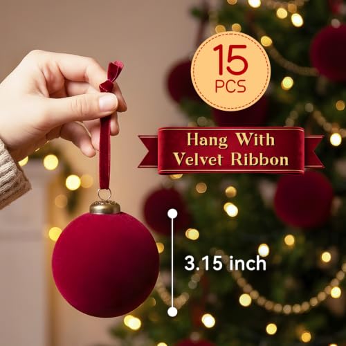 Hoslipoper Red Velvet Christmas Ornaments Set of 15 - Holiday Tree Decorations