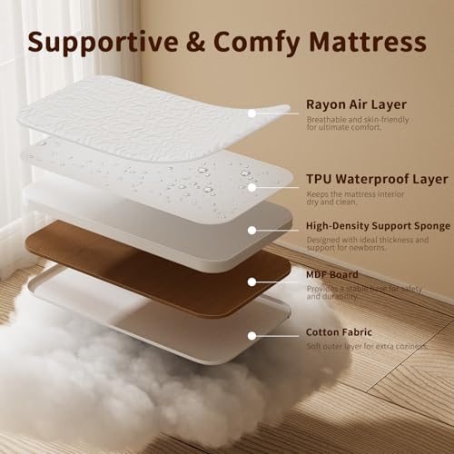 3-in-1 Baby Bedside Bassinet, Adjustable Rocking Crib with Mesh & Mattress