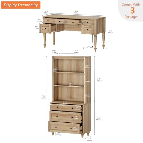 56-Inch Executive Desk and Tall Bookcase Set with Charging Station