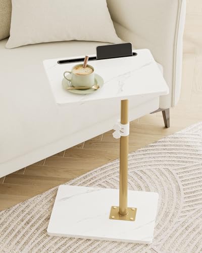 Adjustable C-Shaped Side Table, 360° Swivel Couch Snack Tray, Marble White