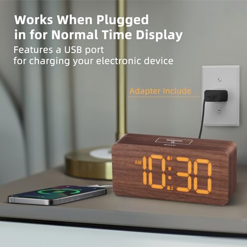 Wooden Digital Alarm Clock - Dimmable Display, Dual Alarms & USB Port
