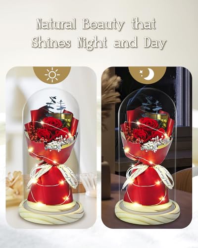 Preserved Rose Bouquet in Glass Dome with LED Lights, Eternal Floral Gift