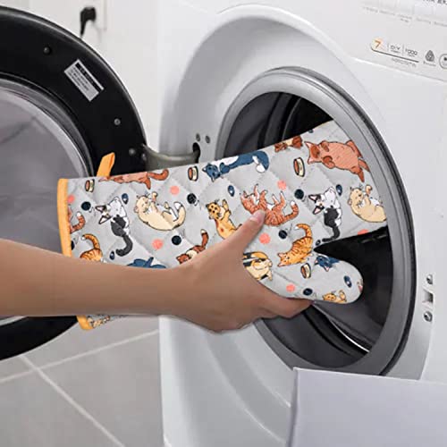 Extra-Long Cotton Oven Mitts, Heat Resistant Cat Print Kitchen Gloves