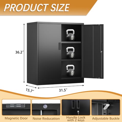36-Inch Metal Locking Storage Cabinet with 2 Adjustable Shelves, Black