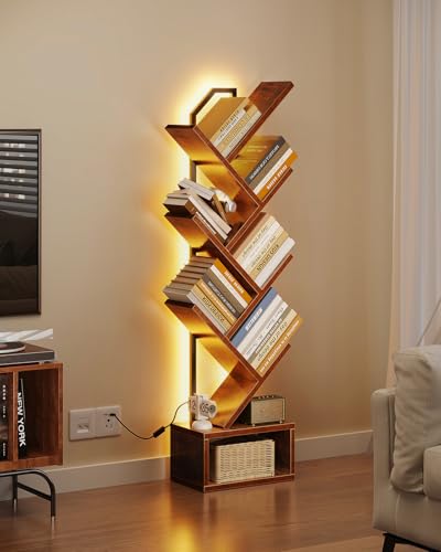 6-Tier Narrow Bookshelf with RGB LED Lights, Vintage Wood & Metal Bookcase
