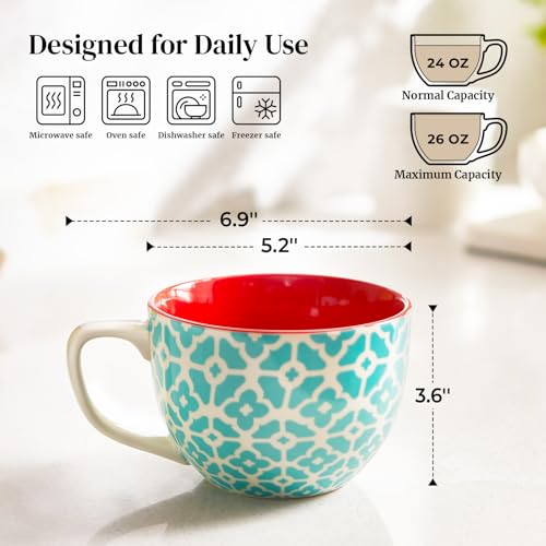 DOWAN 24 OZ Vibrant Color Boho Mosaic Soup Mugs Set of 4 with Handle
