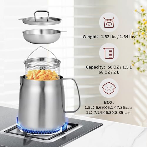 304 Stainless Steel Deep Fryer Pot with Strainer & Basket - 68oz / 2L