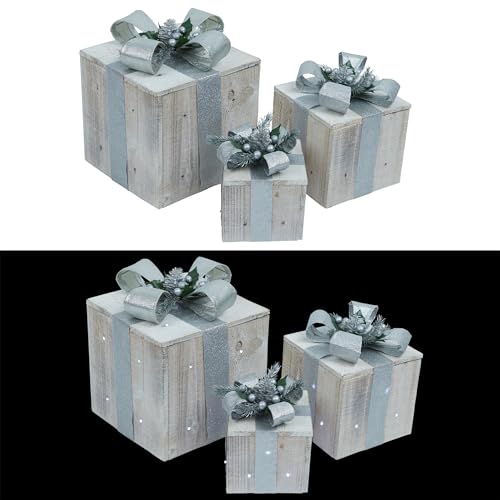 Alpine 3-Piece Wooden Gift Box Christmas Decor with LED Lights - Silver Ribbon