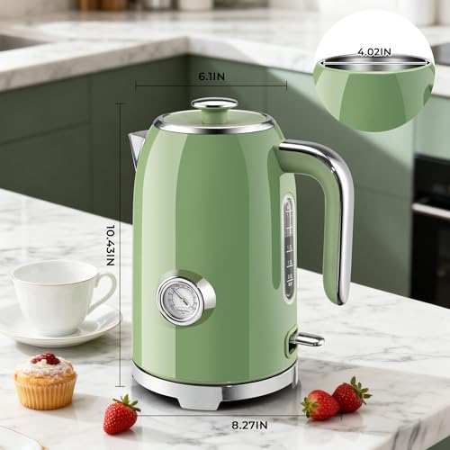 1.7L Retro Electric Kettle with Thermometer - Stainless Steel Water Boiler