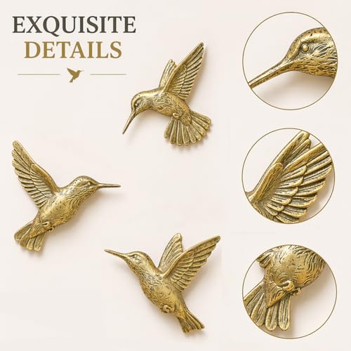 3D Hummingbird Wall Decor Set - Antique Gold Resin Bird Wall Art (Set of 3)