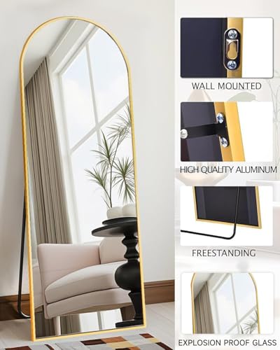 58" x 18" Arched Full Length Mirror, Gold Floor Mirror with Stand