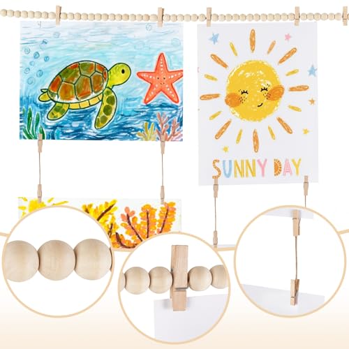 Kids Artwork Wall Display, Boho Wooden Bead Garland with 34 Clips