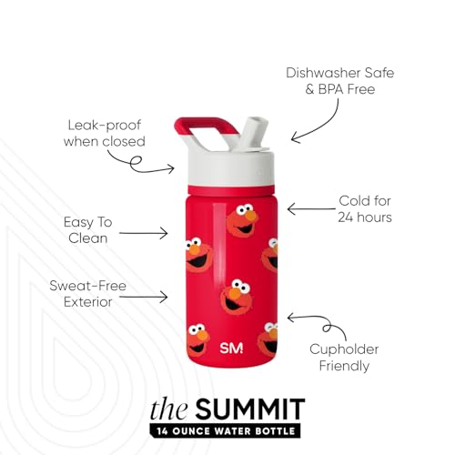Simple Modern Kids Summit Water Bottle with Straw Lid | Sesame Street 14oz Stainless Steel Cup Insulated Tumbler for Boys, Girls, School | Elmo Says