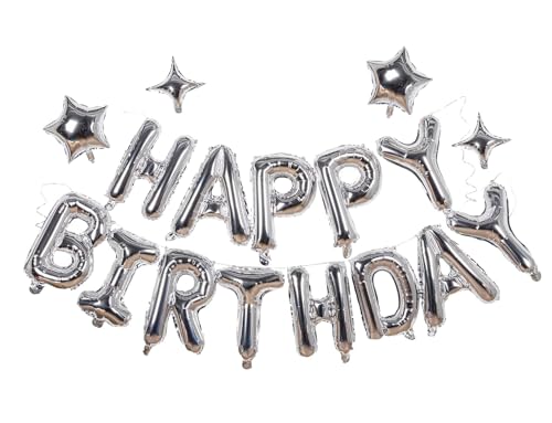 Silver Happy Birthday Foil Balloon Banner with Star Decorations