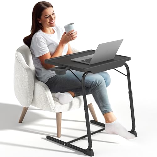 IWDOO Black Adjustable TV Tray Table with Cup Holder, Folding Couch & Bed Desk, 1 Pack
