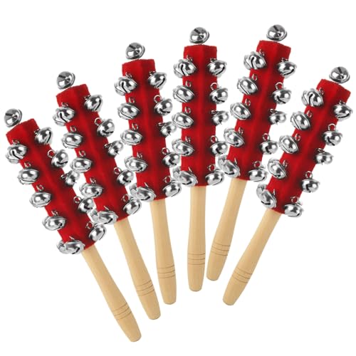 6 Pack Christmas Jingle Bells with Wooden Handle, Handheld Sleigh Bell Shaker