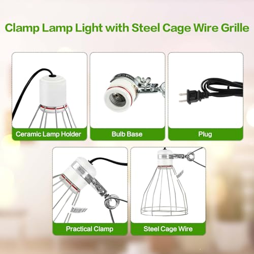 Simple Deluxe Sturdy Steel Cage Clamp Lamp, Support up to 250W E26 Socket (No Bulb Included), 6ft Cord,Silver